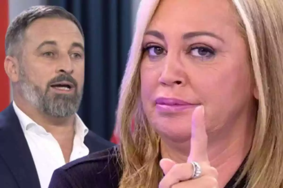 Montaje de fotos de primer plano de Belén Esteban con rostro de enfado y Santiago Abascal con rostro serio