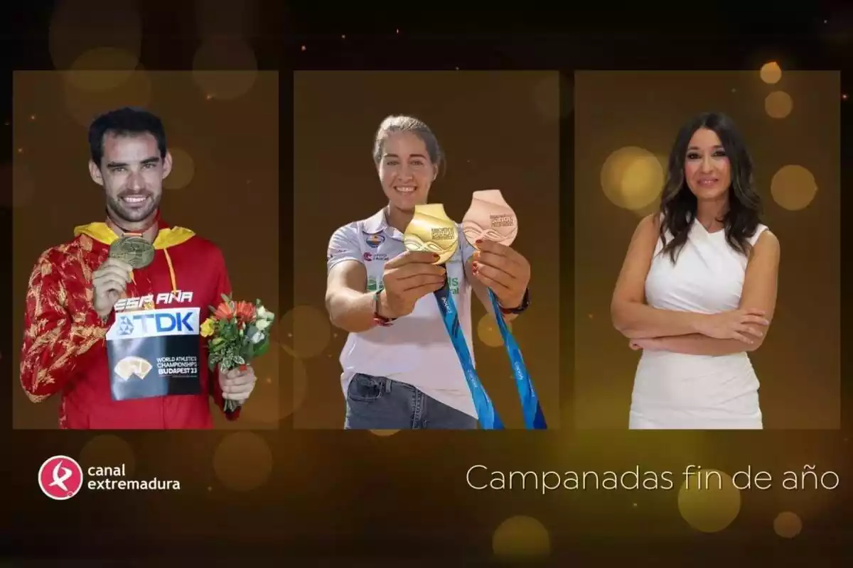 Montaje de Álvaro Martín Uriol, Estefanía Fernández y Leticia Antúnez como presentadores de las Campanadas de Canal Extremadura