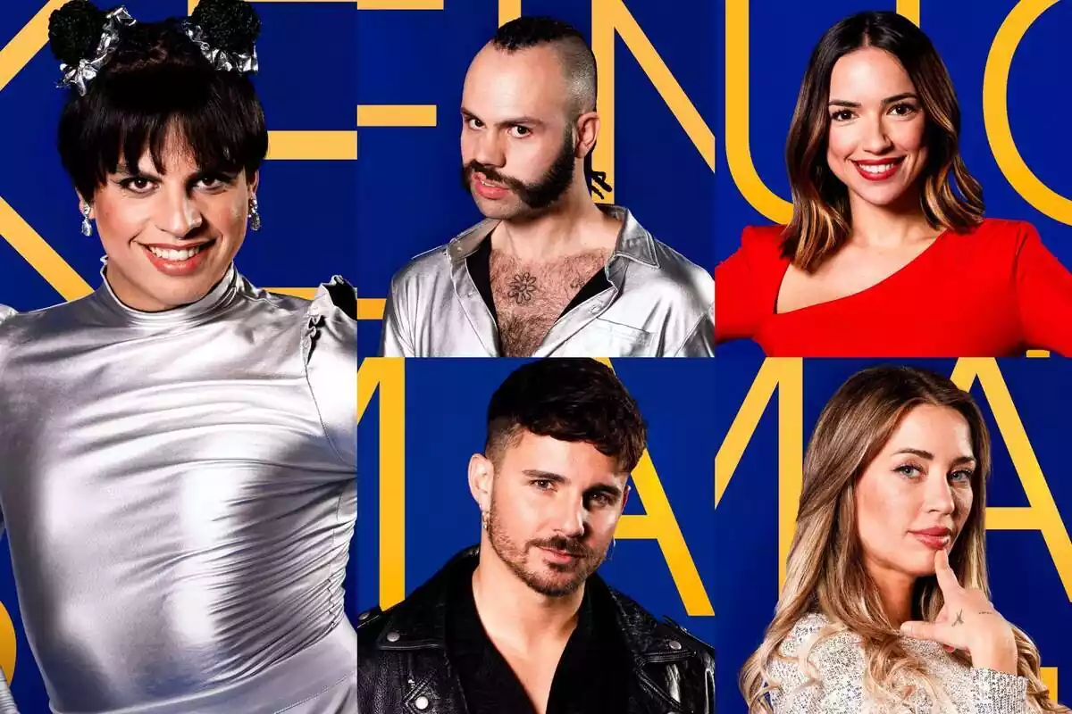 Montaje con los segundos nominados de GH DÚO: Keroseno, Finito, Lucía Sánchez, Manuel Rodríguez y Mayka Rivero