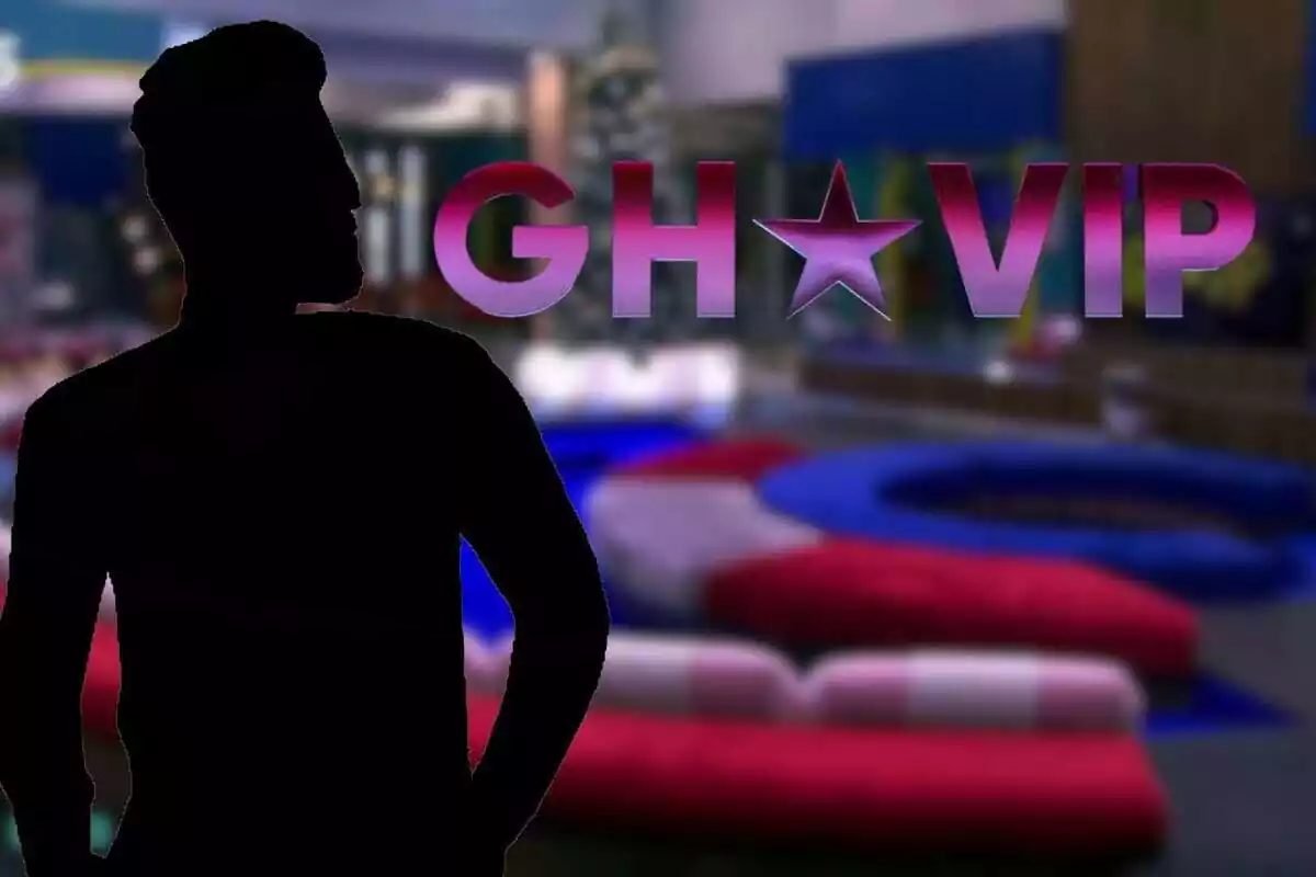 Montaje de una silueta con la casa de GH VIP y el logo de fondo