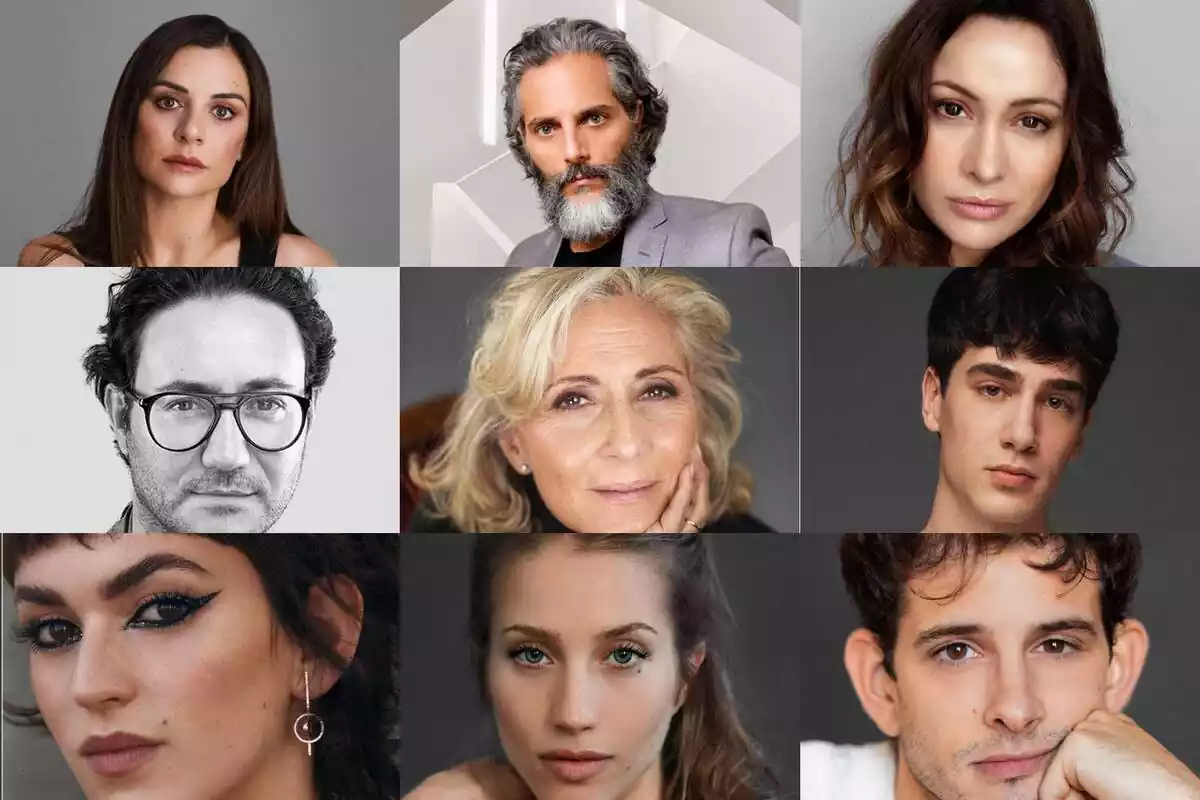 Montaje del reparto de El refugio atómico, serie de Netflix: Miren Ibarguren, Joaquín Furriel, Natalia Verbeke, Carlos Santos,  Montse Guallar, Pau Simon, Alicia Falcó, Agustina Bisio y Álex Villazán