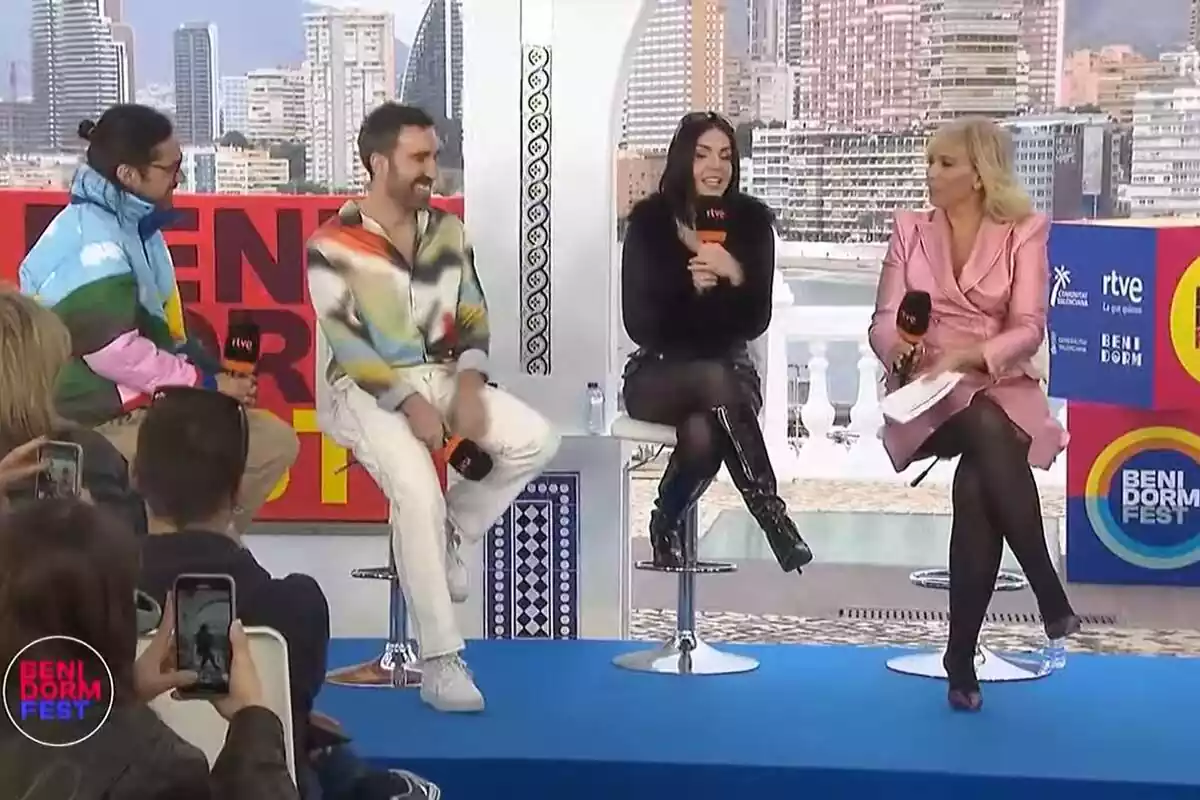 Captura de María Eizaguirre, Inés Hernand, Aitor Albizua y Jordi Cruz en la rueda de prensa del Benidorm Fest en RTVE