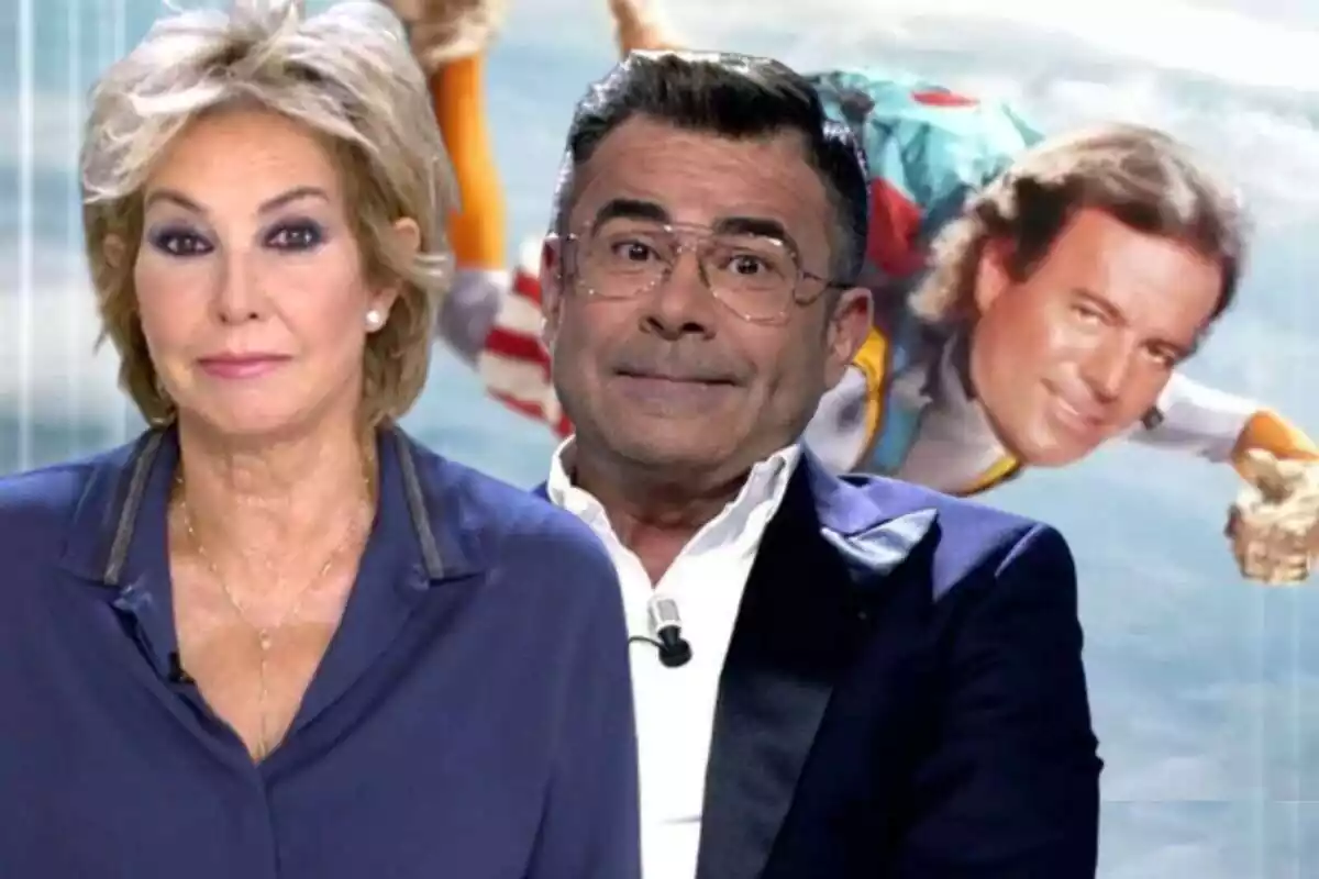 Montaje con Julio Iglesias en caída libre y Ana Rosa Quintana y Jorge Javier Vázquez en primer plano con cara de circunstancias