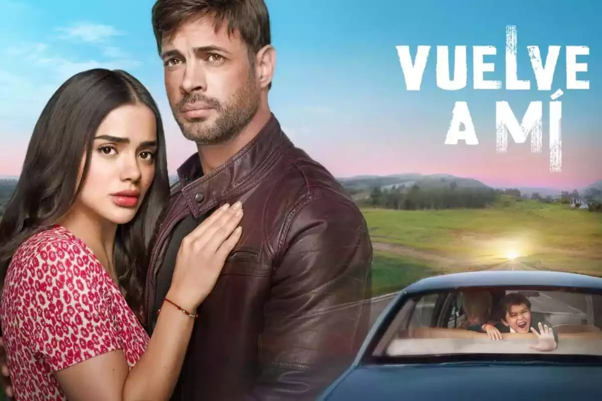 Cartel de William Levy y Samadhi Zendejas abrazados en Vuelve a mí de Divinity